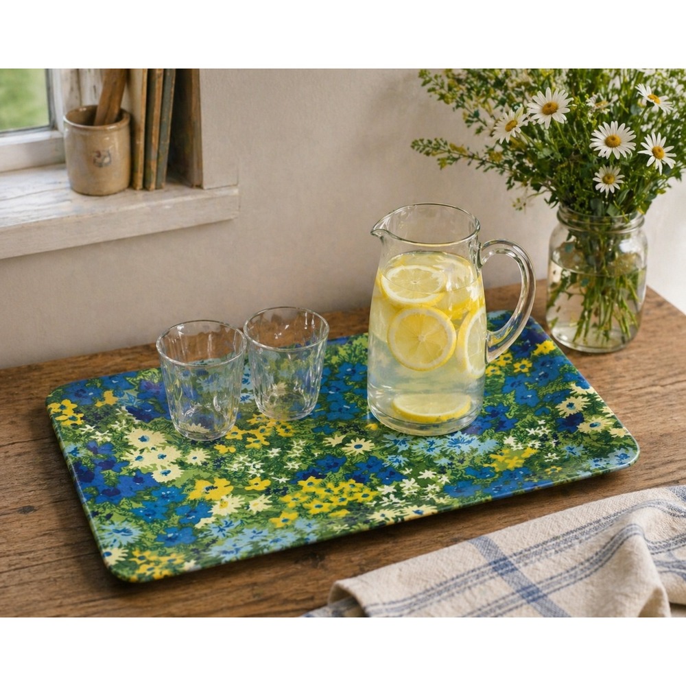 Vintage Floral Fiberglass Serving Tray Blue Green Yellow MCM Rectangular